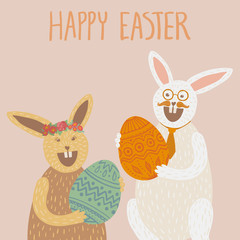 Obraz na płótnie Canvas Square Easter card with bunny couple and eggs