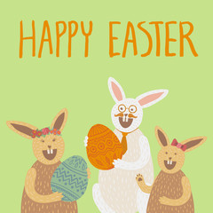 Square Easter card with bunny family and eggs