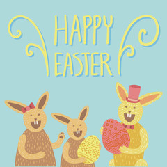 Obraz na płótnie Canvas Square Easter card with bunny family and eggs