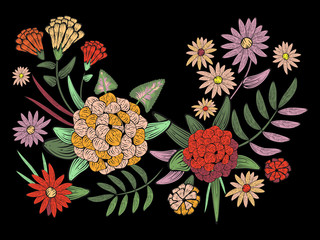 Embroidery traditional folk neckline pattern with tropical flowers. Vector exotic floral design for fashion wearing.