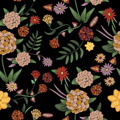 Embroidery traditional folk seamless pattern with tropical flowers. Vector exotic floral design for fashion wearing.
