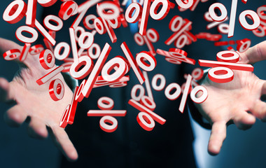 Businessman using white and red sales flying icons 3D rendering