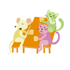 Company of cats and mice having fun in pub