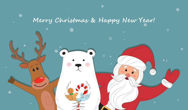 Merry Christmas and Happy New Year. Cute card with a picture of Santa Claus, reindeer and polar bears. Vector illustration.