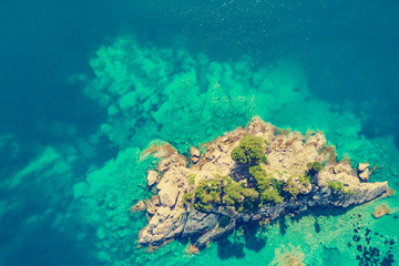 Top view of a rocky island with green trees in the sea