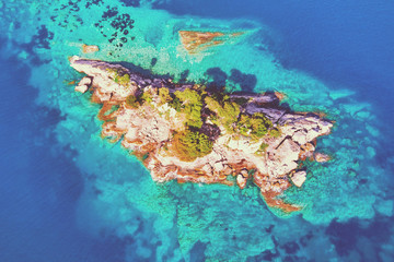 Top view of a rocky island with green trees in the sea