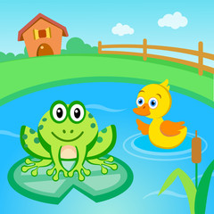 Duck and frog on the lake.