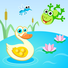 Fototapeta na wymiar Duck, frog and mosquito on the lake.