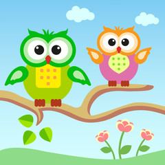 Cartoons owls sitting on a branch.