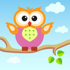 Cartoon owl sitting on a branch.