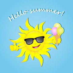 Hello summer. Fun sun in glasses with ice cream in hand. Vector illustration. Summer time. Holidays.
