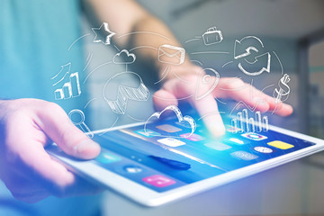 Hand drawn red and green tick icon going out a smartphone interface of a businessman at the office - Business concept