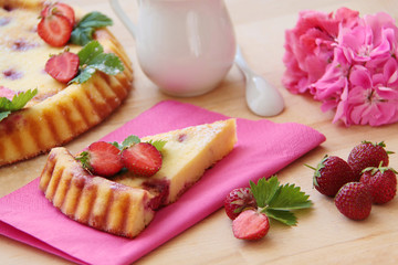 Strawberry cake. Tart from cottage cheese and fresh fruits. 