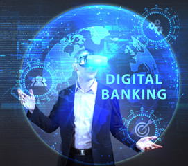 The concept of business, technology, the Internet and the network. A young entrepreneur working on a virtual screen of the future and sees the inscription: Digital banking
