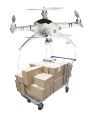 drone shopping concept with delivery of shopping cart with box set