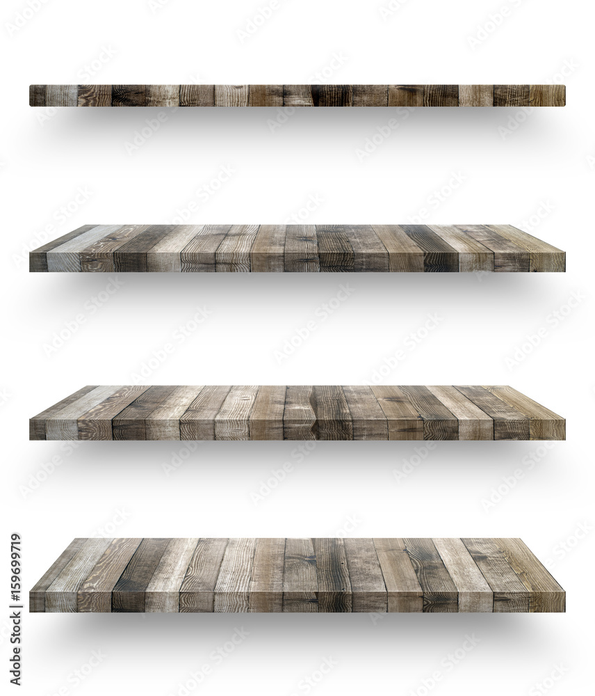 Wall mural Wooden shelf template set isolated on white background with clipping path