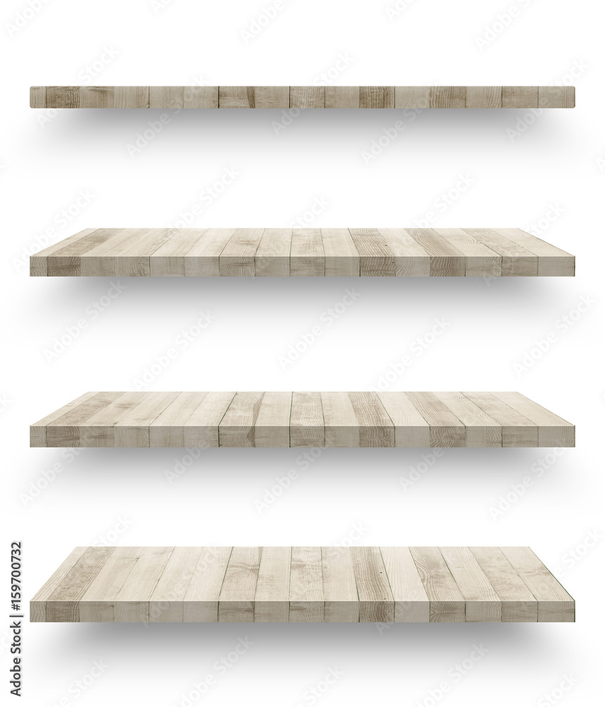 Wall mural Wooden shelf template set isolated on white background with clipping path