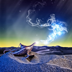  magical aladdin lamp smoke coming out  night resting  dunes  desert. magical evocative atmosphere.