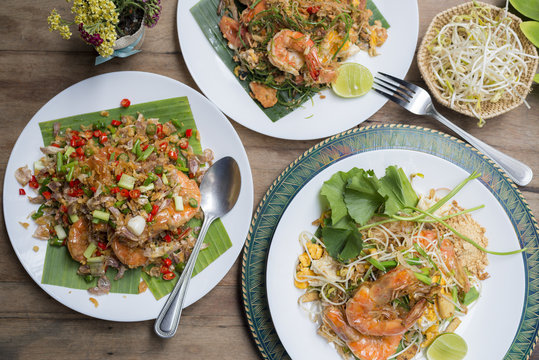 Food series: Variety of Thai food, Pad-Thai, deep fried prawns
