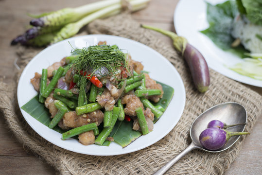 Food series: Stir-fried cow-pea with pork, Thai food