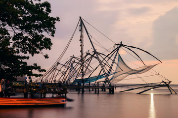Kerala, India. Chinese fishnets at sunset