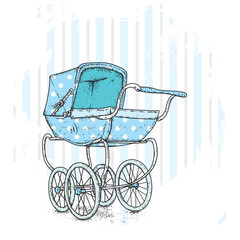 Fototapeta na wymiar Beautiful vintage baby stroller. Vector illustration for a postcard or a poster. 