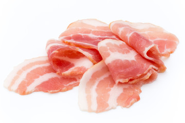 Bacon isolated on white background. Delikatese food.
