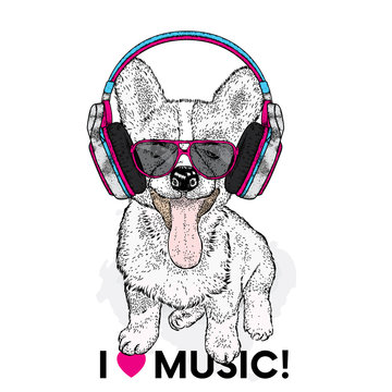 Cute puppy in headphones. Vector illustration for a postcard or a poster, print for clothes. Pedigree dog.