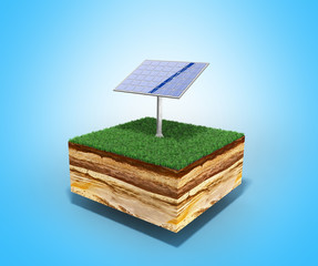 Concept of alternative energy 3d illustration of cross section of ground with grass isolated on blue