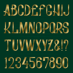 Presentable retro style font. Golden capital letters and numbers. Isolated english alphabet.