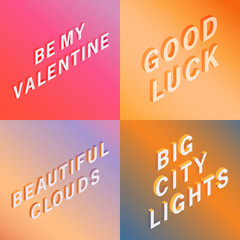 Set a vector isometric.Hello Summer on an orange background.With quote Be my valentine.Good luck letter on a gold background design element for shops websites, leaflets, booklets.Big city lights