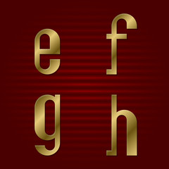 Lowercase gold font. Isolated e, f, g, h golden letters.
