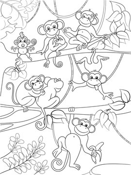 Family of monkeys on a tree coloring book for children cartoon vector illustration