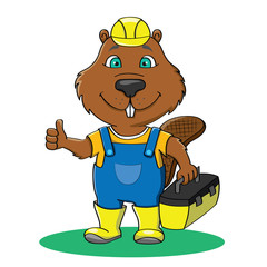 Funny beaver builder in overall and yellow work helmet showing thumb up and holding box with tools © Oksana Bessonova