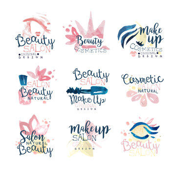 Beauty natural salon logo design, set of colorful hand drawn watercolor Illustrations
