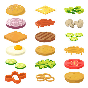 Vector illustration of different burgers ingredients in cartoon style. Fast food pictures