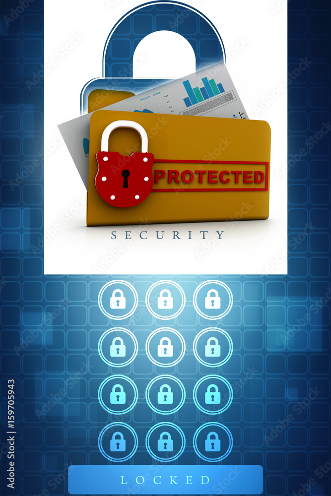 Poster yellow folder and lock. data security concept. 3d rendering