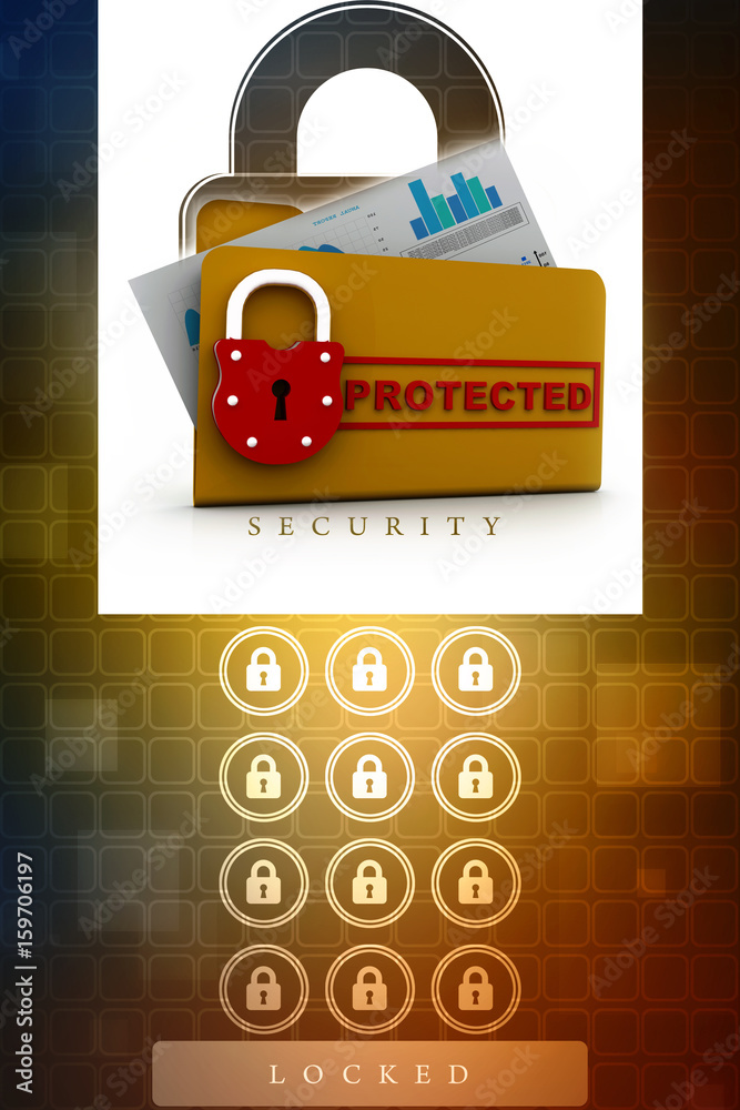 Poster yellow folder and lock. data security concept. 3d rendering