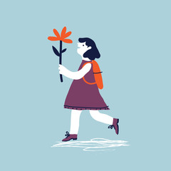 Cute girl in dress jumping and holding flower. Creative vector illustration. - 159706180