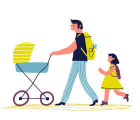 Cartoon illustration of a single young father with cute child and baby carriage. Vector illustration. - 159706183