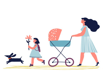 Mother with baby in stroller. Young mother with baby carriage walking with dog and child. Creative vector illustration. - 159706349