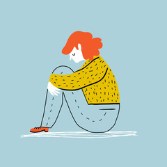 Sad and depressed girl  sitting on the floor. Creative vector illustration. - 159706532