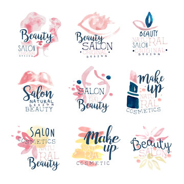 Beauty salon logo design, set of colorful hand drawn watercolor Illustrations