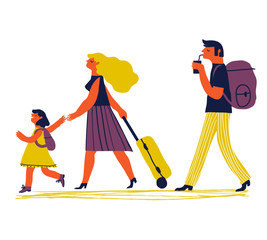 Parents with child are going on vacation. Vector creative illustration on background. Family travel.