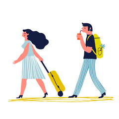Couple traveling together. Creative vector concept. Honeymoon concept. Young man and woman with luggage are going on vacation. - 159707314