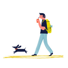 Illustration happy man with backpack walking with dachshund dog. Creative vector illustration.