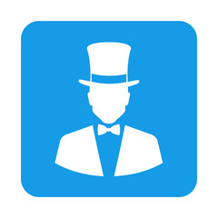 Icono plano hombre con chistera en cuadrado azul