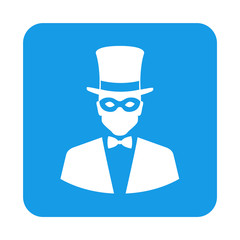 Obraz premium Icono plano hombre con chistera y antifaz en cuadrado azul