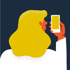 Creative vector illustration. Woman with smartphone makes selfie.
