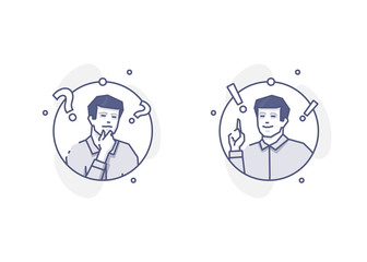 Young man thinking and deciding round outline illustrations